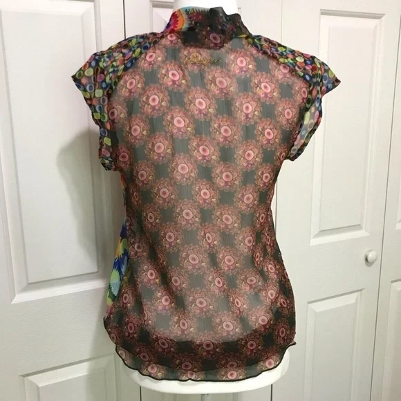 Desigual Sheer Floral Tie V-Neck Blouse S Y2K Cap Sleeve Art Print - Picture 3 of 17